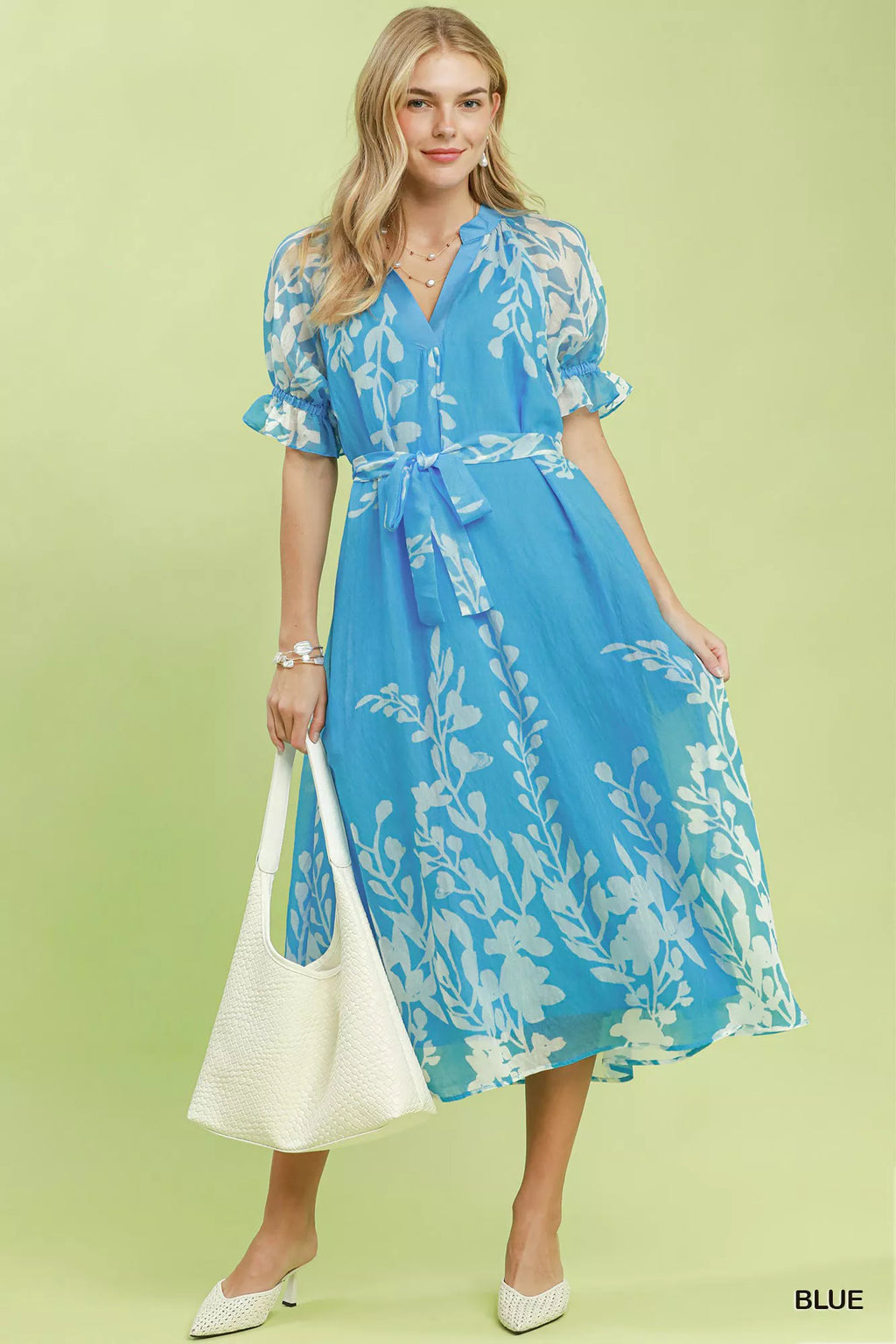 Umgee Floral Print Tie Waist Midi Dress with Side Pockets in Blue