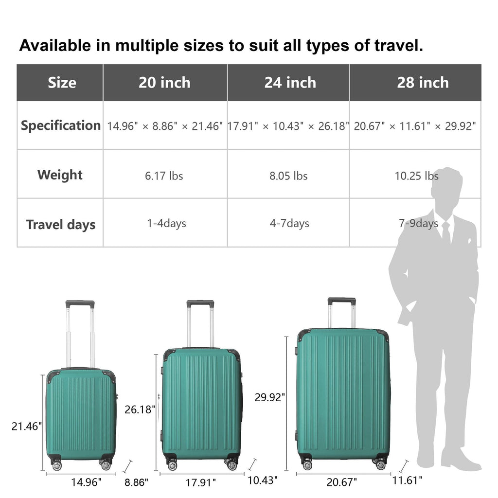 3-Piece Lightweight ABS Hardshell Luggage Set (20", 24", 26") in Fresh Green with Spinner Wheels, TSA Lock, and Adjustable Telescopic Handle - Durable Travel Suitcases